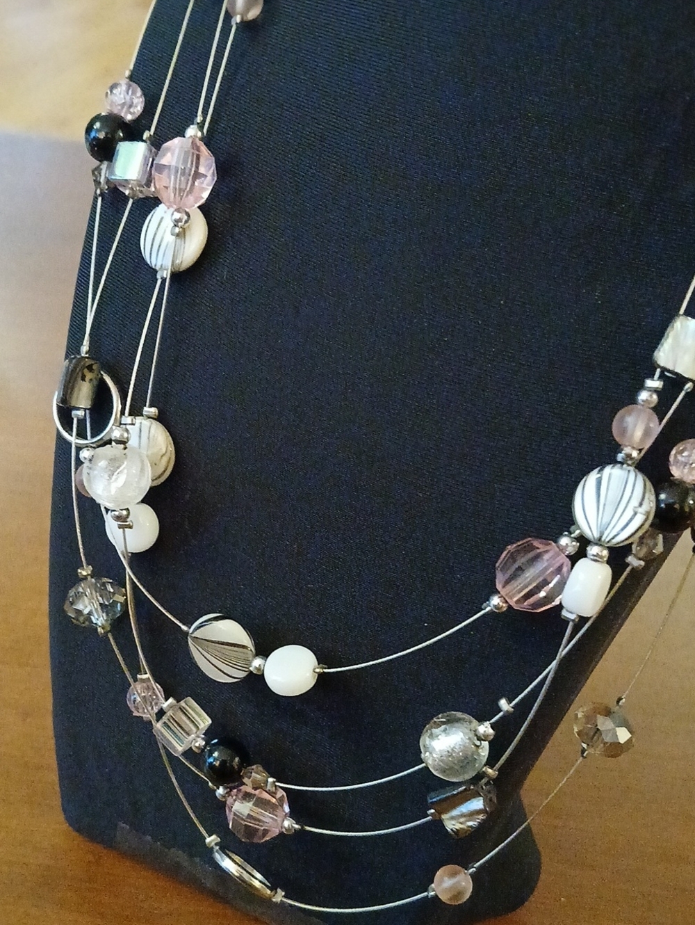 Multi Strand Layered Bead Necklace - Pink, White & Black 18"